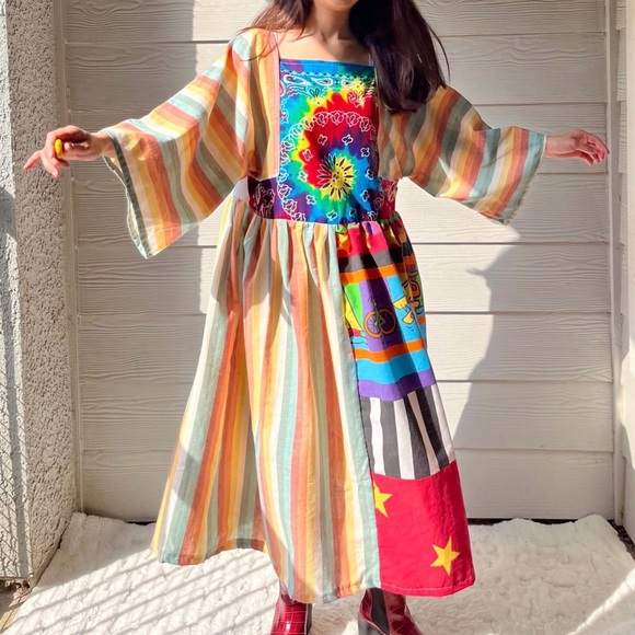 Rainbow&Vintage Fabric | Handmade Quilted Bandana Dress SKU 06052 Rainbow - Picture 9 of 10